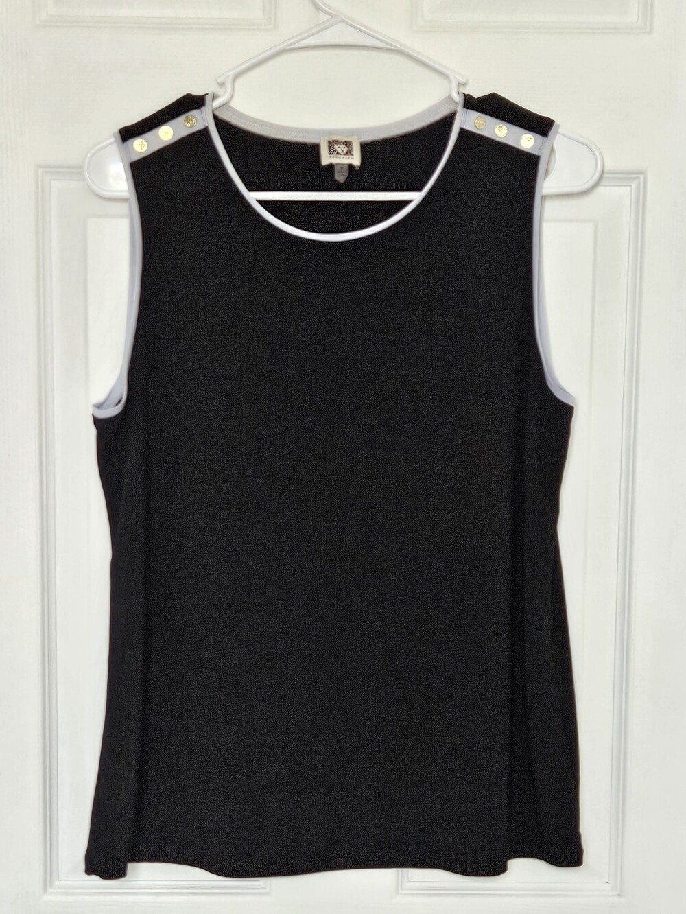 Anne Klein Black Tank Top with White Trim and Gold Shoulder Buttons
